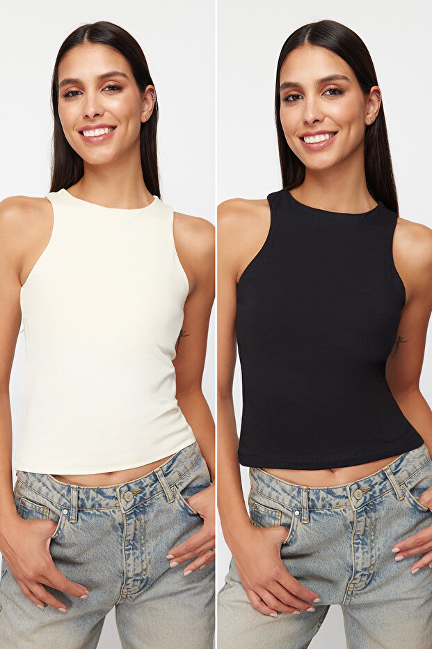 Siyah-Taş Pamuklu Halter Yaka Fitted/Vücuda Oturan Esnek 2'li Paket Örme Atlet TWOSS24AL00049 - 1