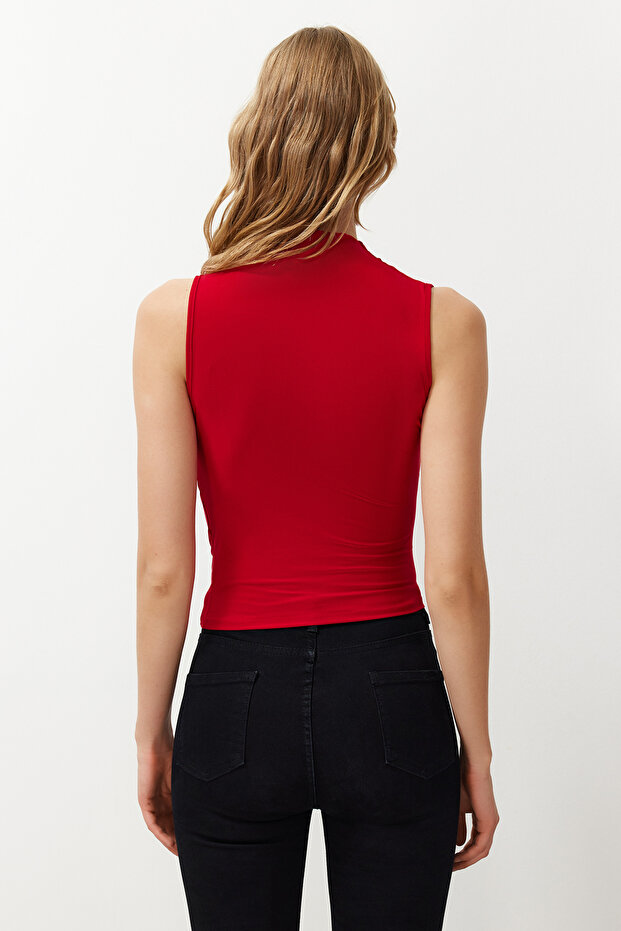 Kırmızı Sıfır Kol Büzgülü Vücuda Oturan Esnek Örme Bluz TWOSS24BZ00486 - 6