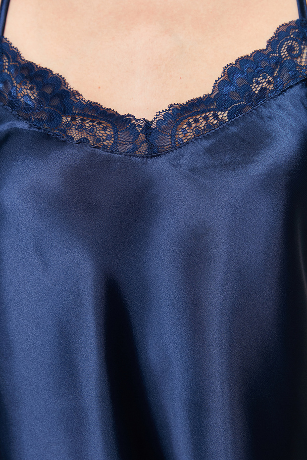 Lacivert Dantelli İp Askılı Saten Şortlu Dokuma Pijama Takımı THMSS22PT0269 - 5