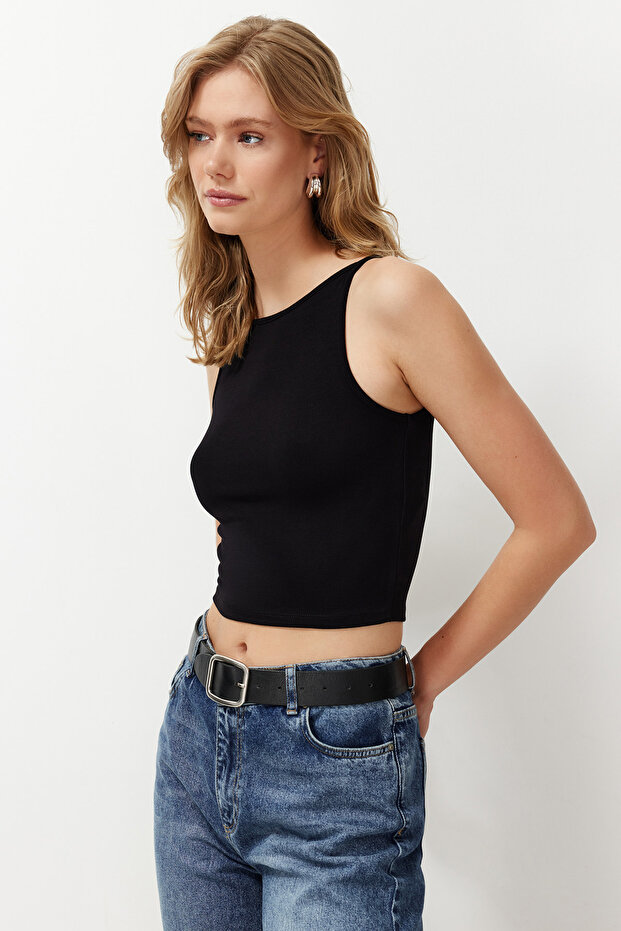 Siyah Askılı Fitted/Vücuda Oturan Esnek Örme Bluz TWOSS24BZ00535 - 3