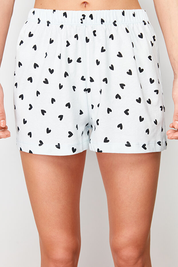 Uçuk Mavi %100 Pamuklu Kalpli Dantelli İp Askılı Şortlu Örme Pijama Takımı THMSS24PT00106 - 5