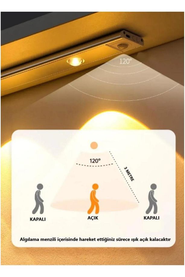 Hareket Sensörlü - Dekoratif Gece Lambası - Usb Şarjlı Led Aydınlatma Siyah Kasa 40cm Şarjlı Dolap L - 4