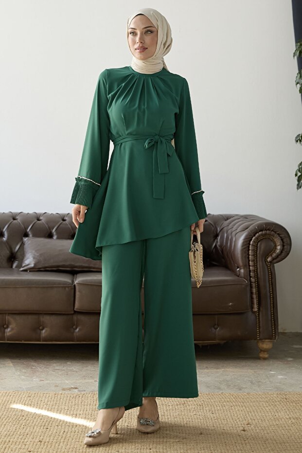 Pleated Sleeve Belted Double Set - Emerald Green