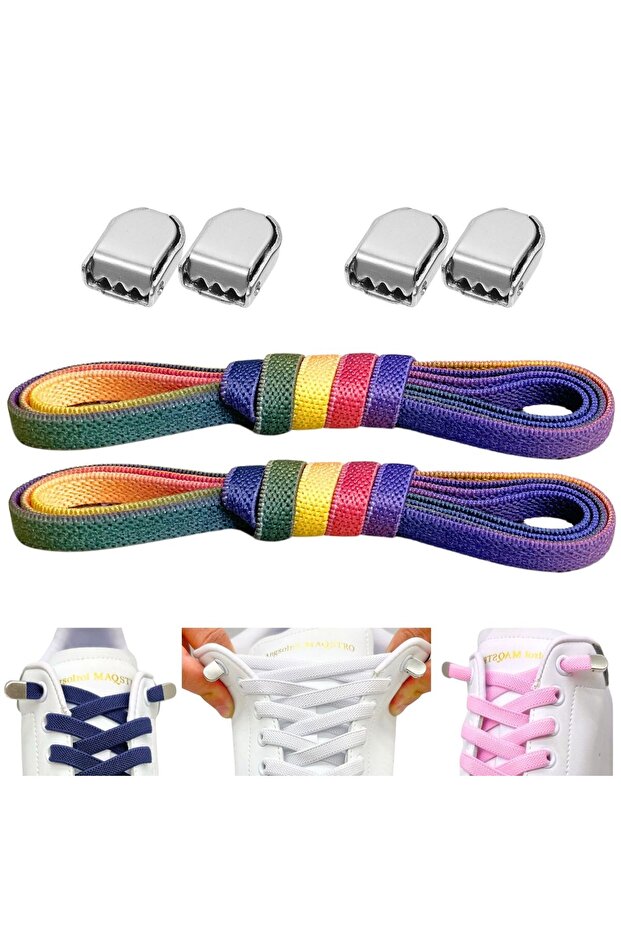 Super Practical Elastic Laces, Elastic Shoelaces with Metal Buckle, Smart Laces Rainbow, 1 Pair