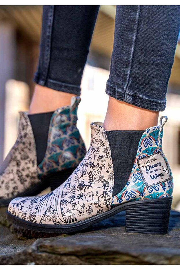 Women's Vegan Leather Beige Ankle Boots - Let Your Dreams Be Your Wings Design