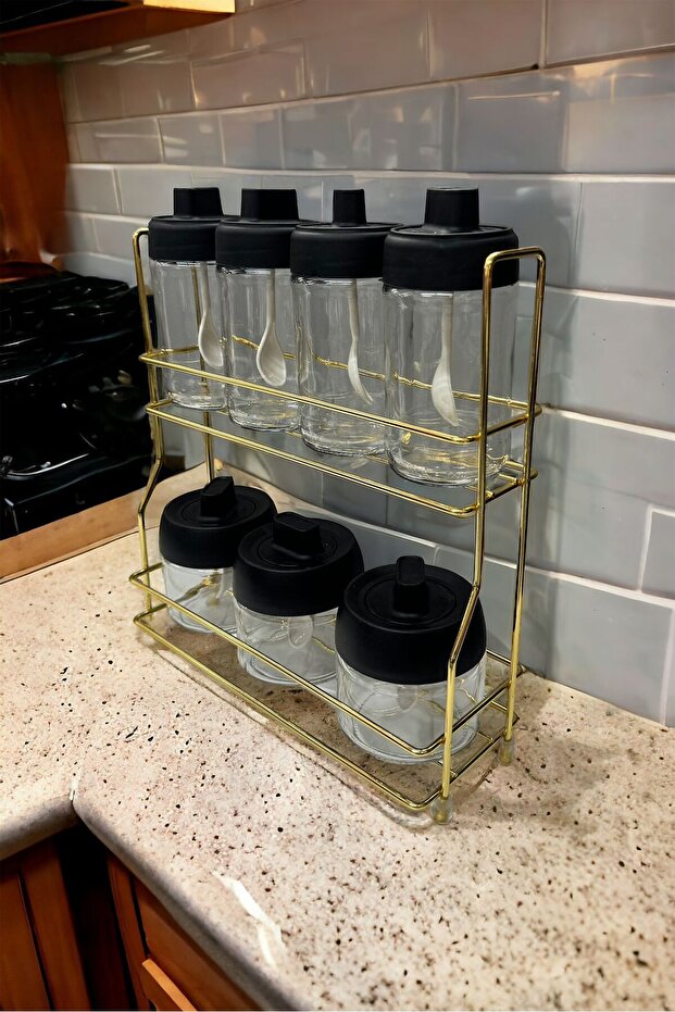 Gold 7-Piece Glass Jar and Spice Bowl Set with Metal Stand