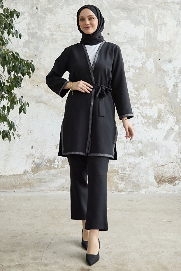 طقم كيمونو منقوش مطرز - أسود - 1