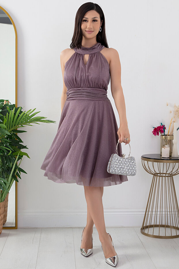 13376 C Yaka Simli Tül Elbise - 1