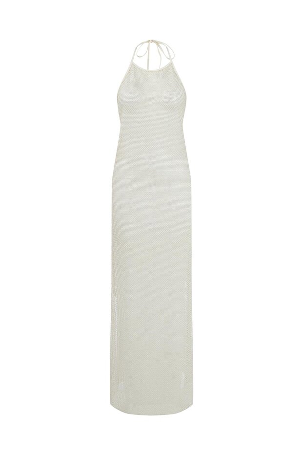 Ekru File Gold Simli Halter Elbise - 1