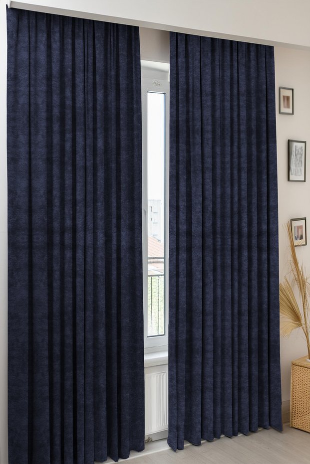 Modern Background Curtain Honeycomb Velvet Textured Navy Blue Curtain Pleatless Extra-forced Sunshade 140 x 260 cm