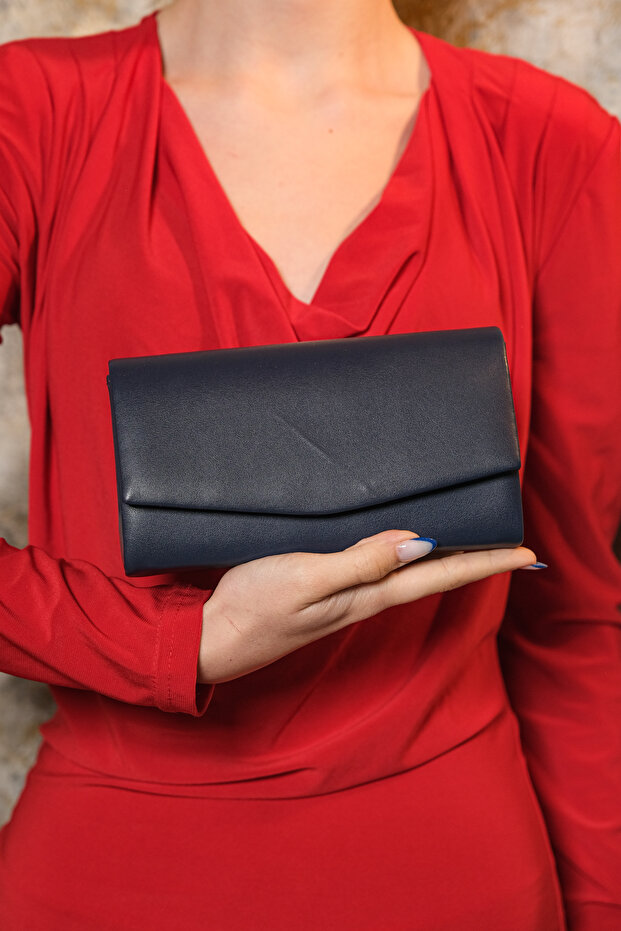 Women's Navy Blue Leather Mini Box Shoulder Evening Dress Bag