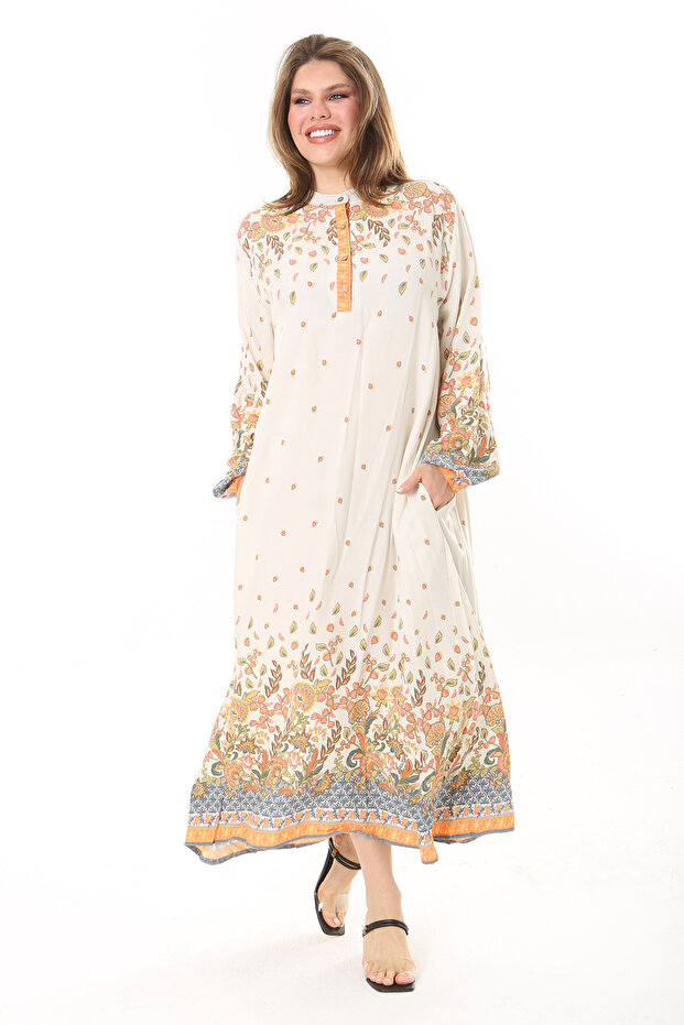 Women's Beige Woven Viscose Fabric Front Placket Buttoned Long Sleeve Dress 65N36871
