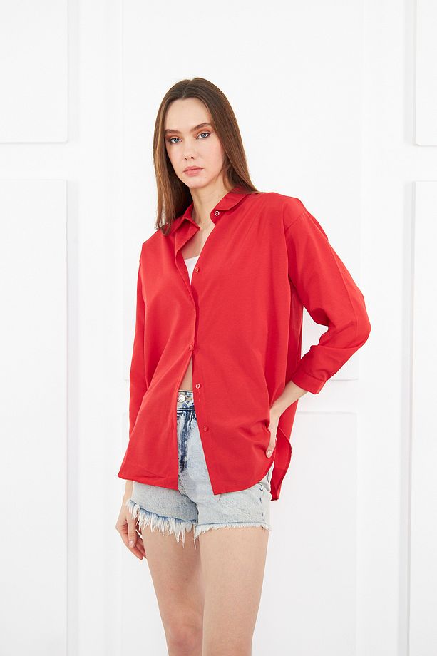 Kadın Kırmızı Oversize Uzun Basic Gömlek - 5