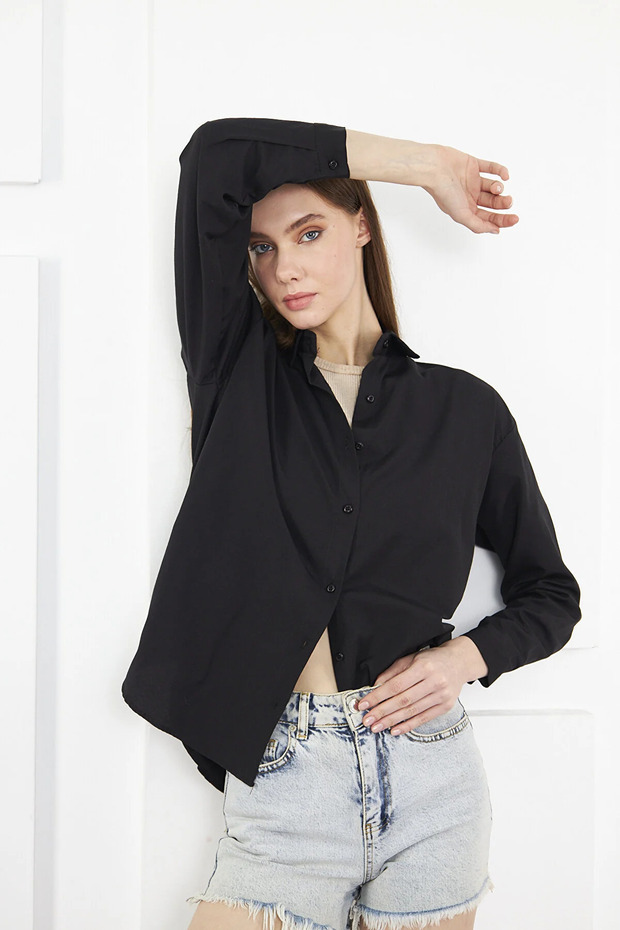 Kadın Siyah Oversize Uzun Basic Gömlek - 9