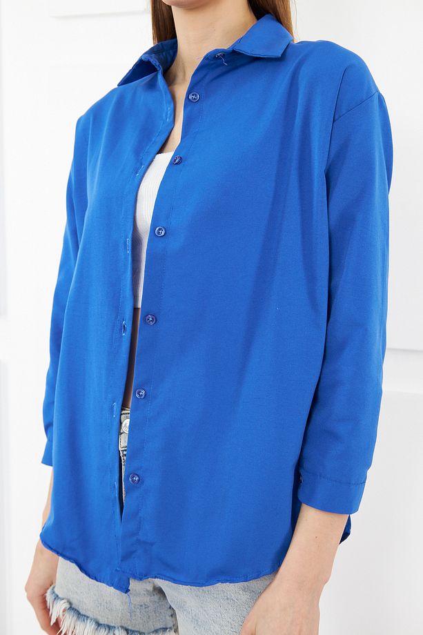 Kadın Koyu Mavi Oversize Uzun Basic Gömlek - 5