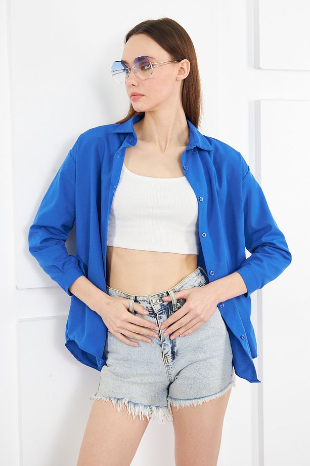 Kadın Koyu Mavi Oversize Uzun Basic Gömlek - 8