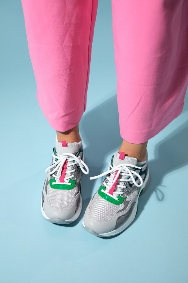 CROWN Gri Simli Multi Bağcıklı Kadın Kalın Taban Spor Sneakers - 3