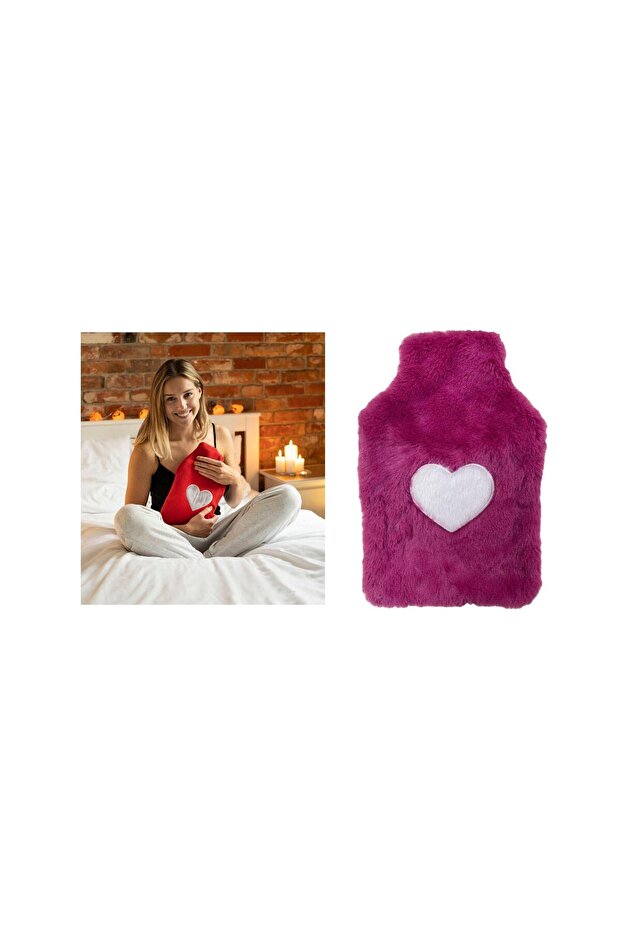 HOT WATER BAG WITH PLUSH HEART, PINK THERMOFOR 29x17CM 750ml
