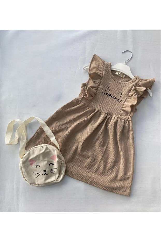 ZERO SLEEVE FIFFIRED SLEEVE DETAIL GIRL'S CUTE CAT PRINT DRESS WITH BAG