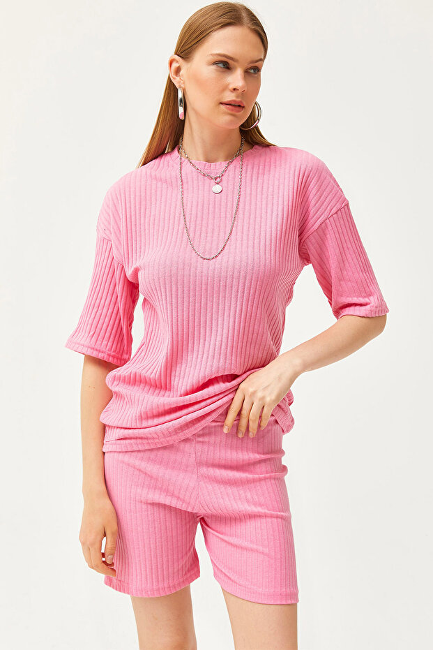 Women's Pink Bottom Short Tights Top Loose Blouse Set TKM-19000200