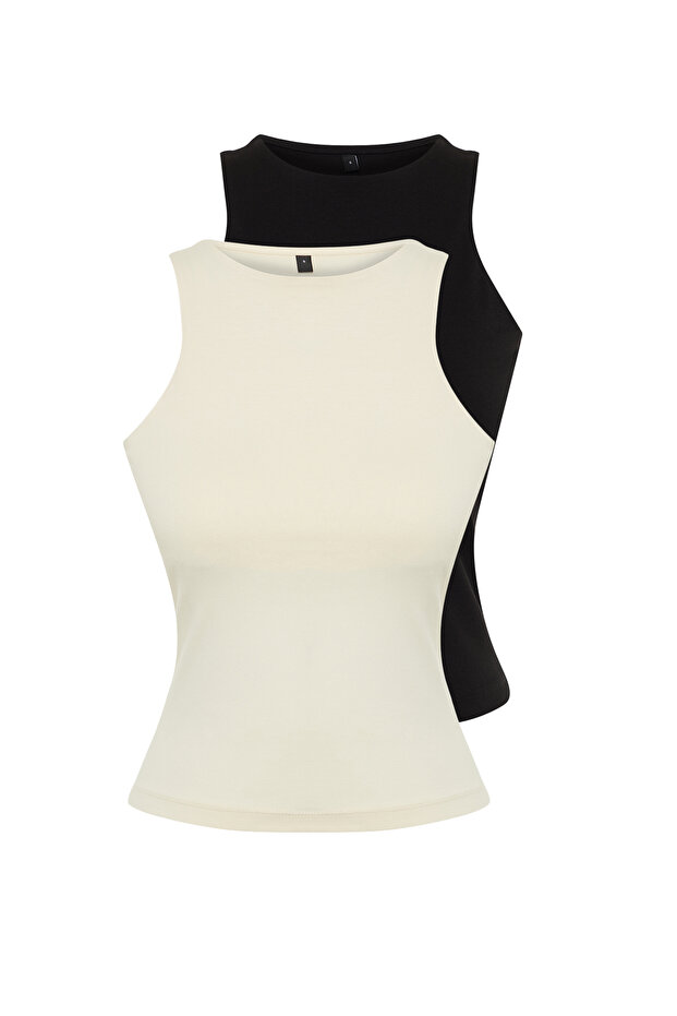 Siyah-Taş Pamuklu Halter Yaka Fitted/Vücuda Oturan Esnek 2'li Paket Örme Atlet TWOSS24AL00049 - 7