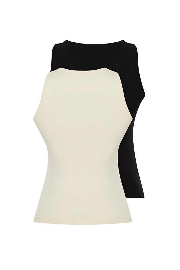 Siyah-Taş Pamuklu Halter Yaka Fitted/Vücuda Oturan Esnek 2'li Paket Örme Atlet TWOSS24AL00049 - 8