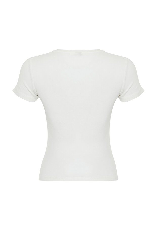 Ekru Kurdele Baskılı Fitted/Vücuda Oturan Fitilli Esnek Örme T-Shirt TWOSS24TS00231 - 8