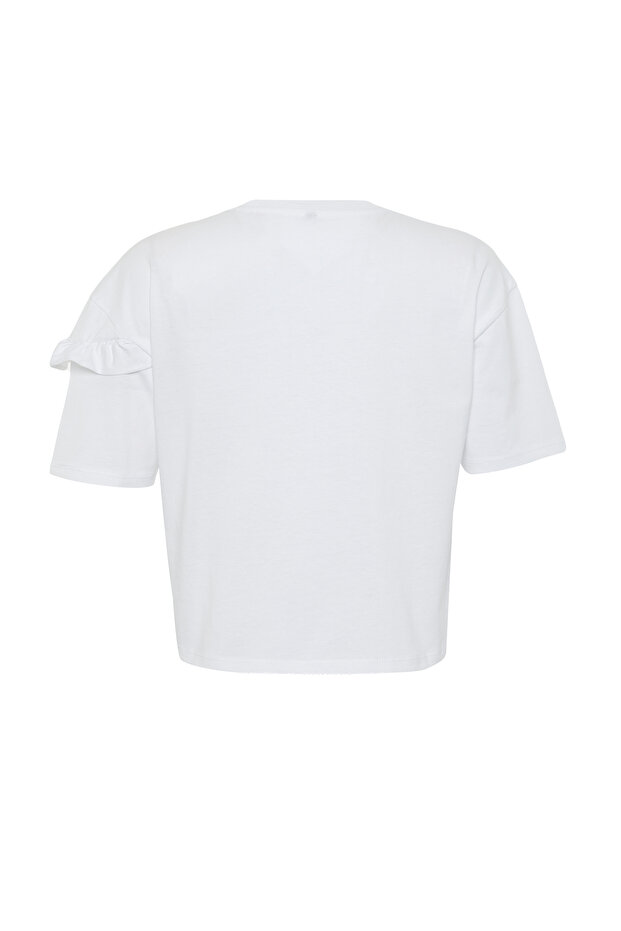 Beyaz %100 Kalın Pamuklu Fırfır Detaylı Relaxed/Rahat Kalıp Kısa Kollu Örme T-Shirt TWOSS24TS00232 - 8