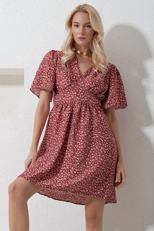 Women's Cinnamon V-Neck Short Sleeve Floral Print Skirt Flounced Woven Dress Alc-X11742