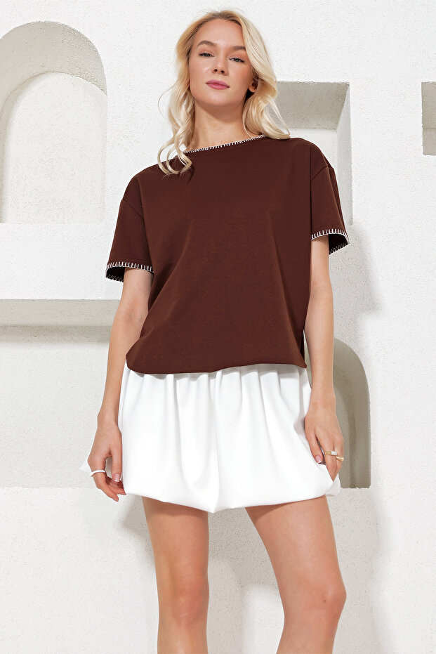Women's Brown Crew Neck Shepherd Stitched Relaxed Fit Blouse ALC-X11840