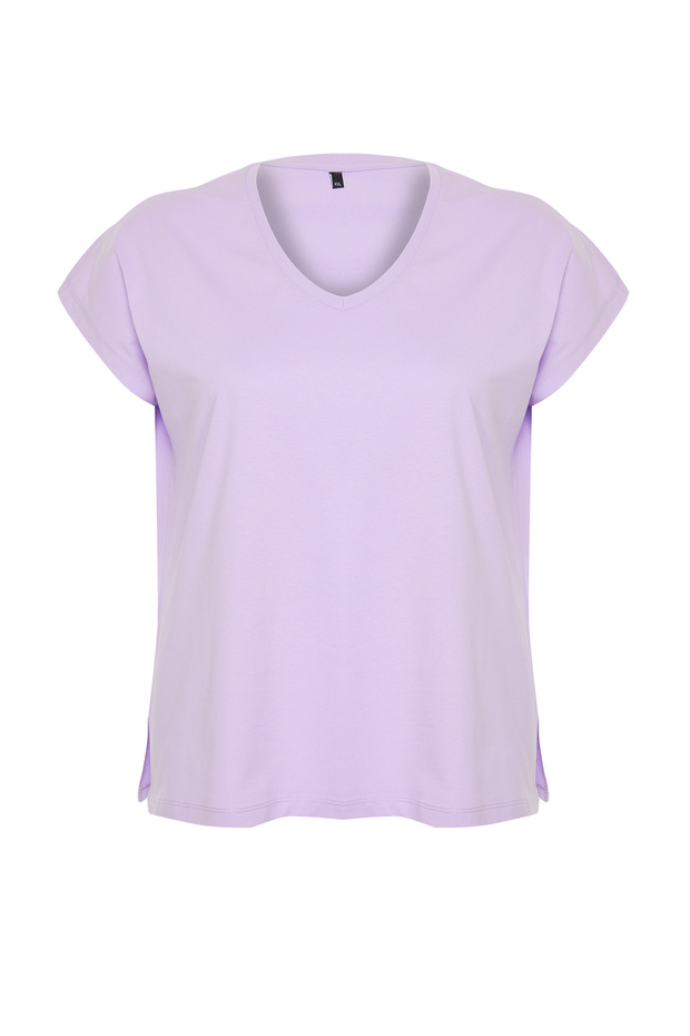 Lila Relaxed V Yaka Yırtmaçlı %100 Pamuk Örme T-Shirt TBBSS22BF0036 - 7