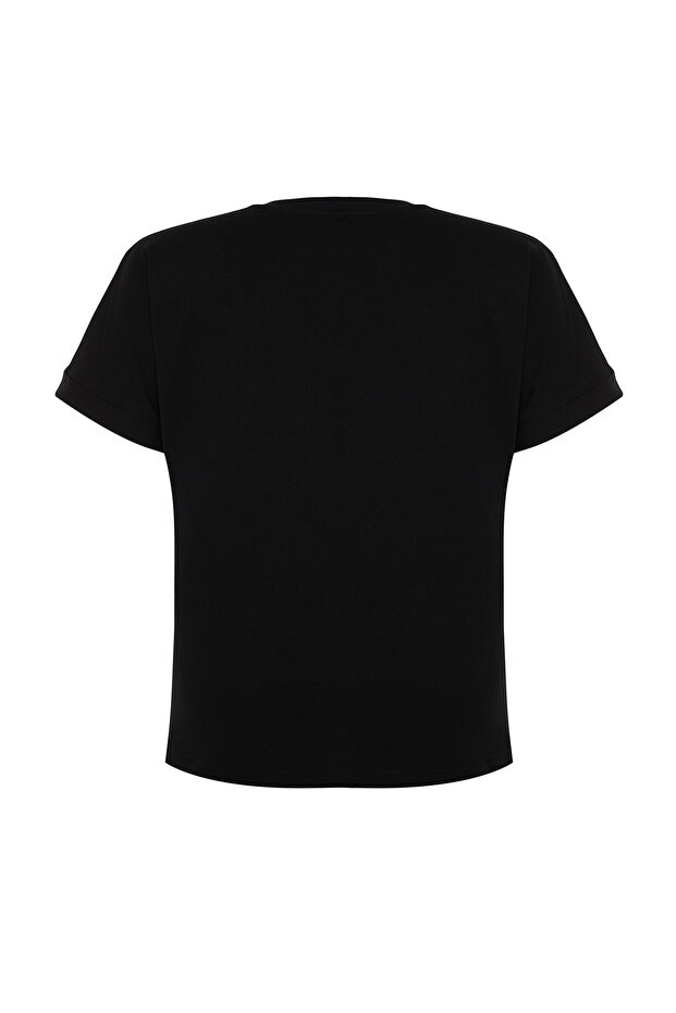 Siyah Brode Detaylı Basic %100 Pamuk Örme T-shirt TBBSS24BF00055 - 8