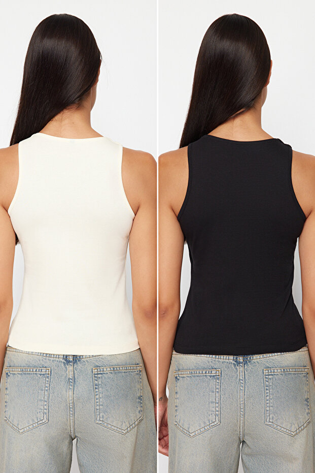 Siyah-Taş Pamuklu Halter Yaka Fitted/Vücuda Oturan Esnek 2'li Paket Örme Atlet TWOSS24AL00049 - 4