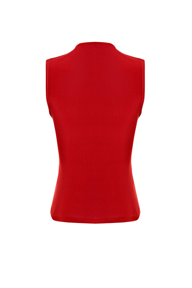Kırmızı Sıfır Kol Büzgülü Vücuda Oturan Esnek Örme Bluz TWOSS24BZ00486 - 8