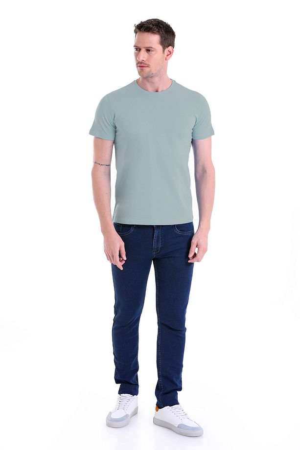 Mavi Regular Fit Düz 100% Pamuk Bisiklet Yaka Tişört - 2