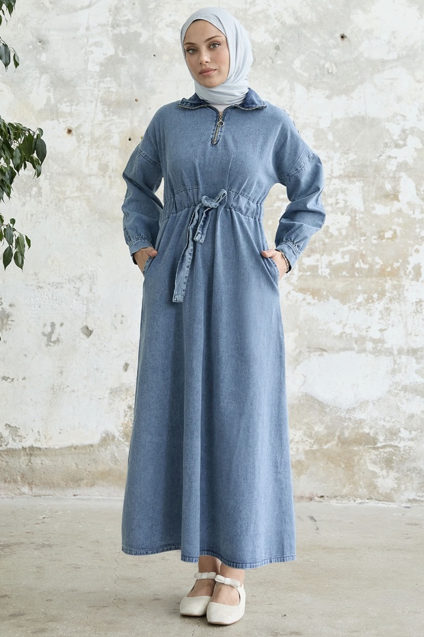 Jeans Dress with Zippered Collar - Blue