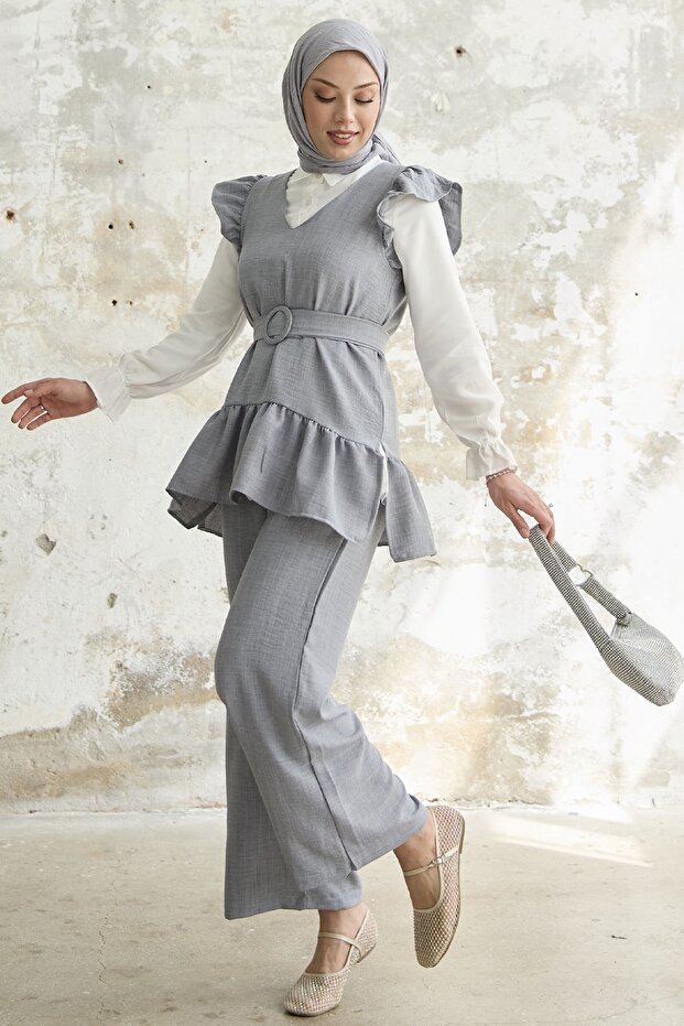 بدلة ثلاثية مكشكشة على الكتف - رمادي - 3