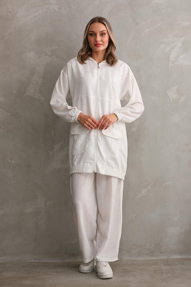 Women's Hijab Summer Trench Trousers Bottom Top Double Linen Set - White