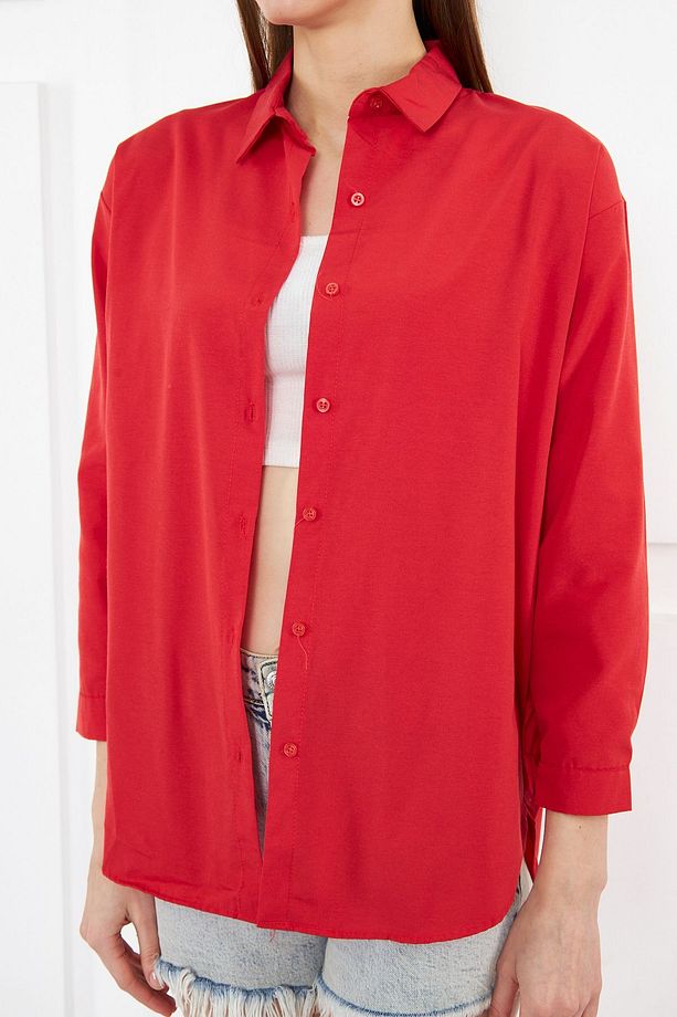 Kadın Kırmızı Oversize Uzun Basic Gömlek - 3