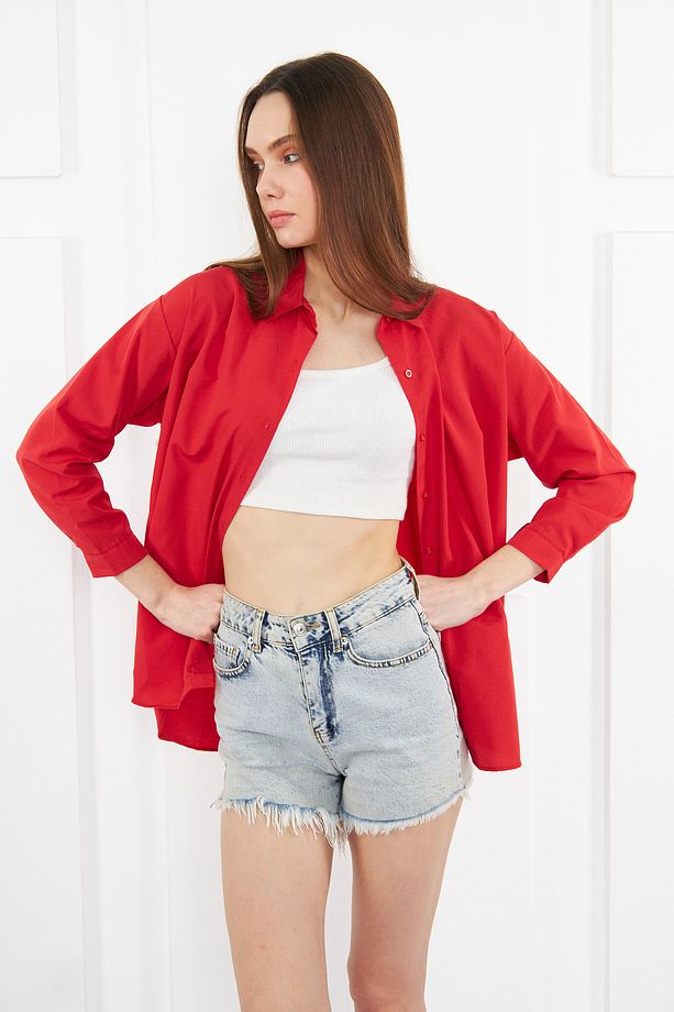 Kadın Kırmızı Oversize Uzun Basic Gömlek - 7