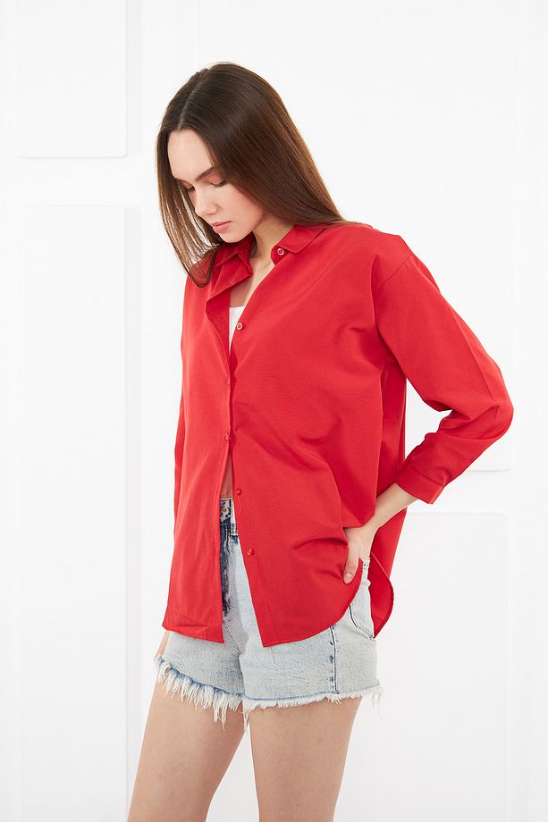 Kadın Kırmızı Oversize Uzun Basic Gömlek - 8
