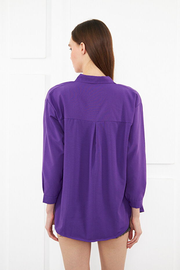 Kadın Mor Oversize Uzun Basic Gömlek - 5