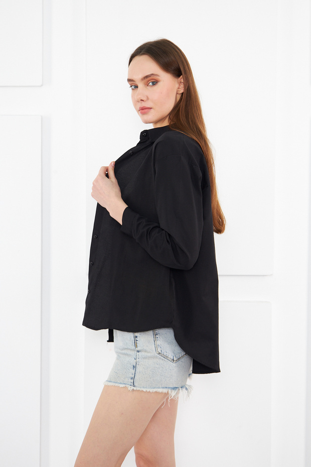 Kadın Siyah Oversize Uzun Basic Gömlek - 7