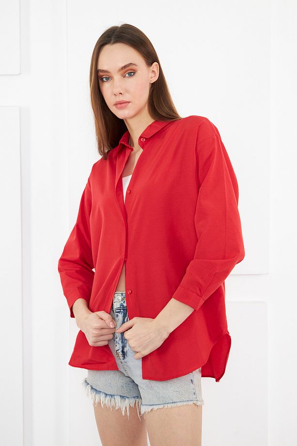 Kadın Kırmızı Oversize Uzun Basic Gömlek - 9