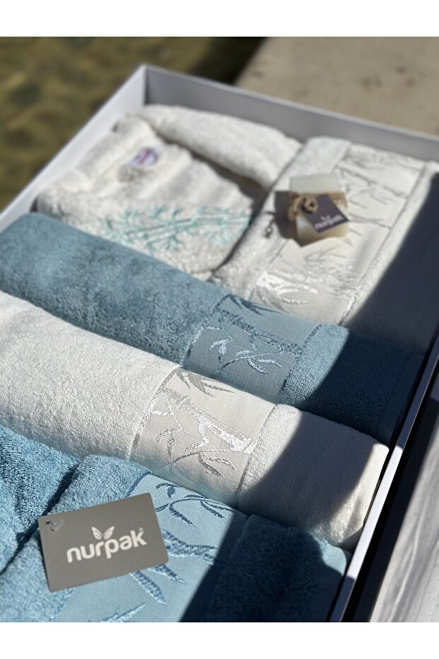 Bamboo 10 Parça Aile Bornoz Seti - Krem/Mercan - 2