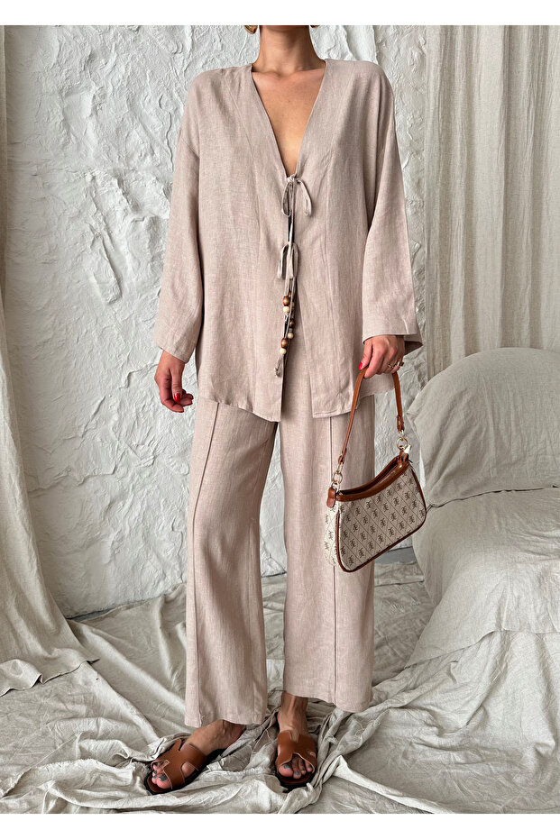 Mink Beaded Kimono Linen Set