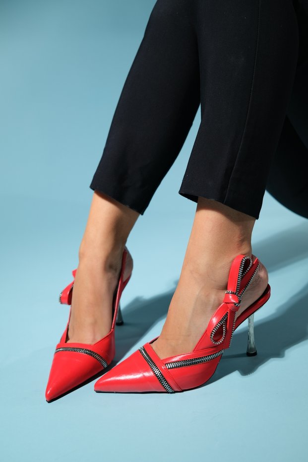 GLEN Red Skin Zipper Detailed Women's High Heel Shoes