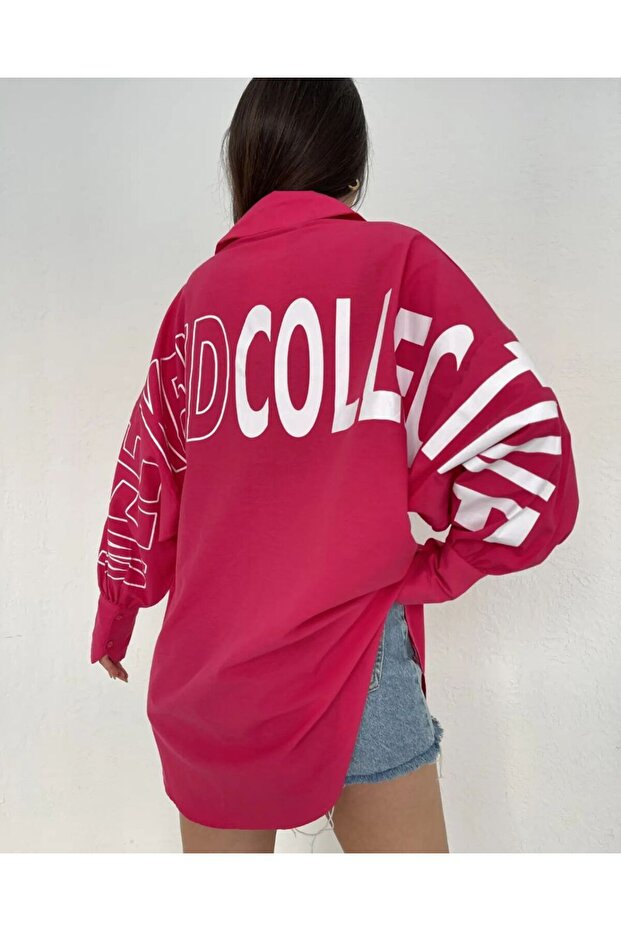 KADIN  OVERSİZE YAZILI GÖMLEK - 1