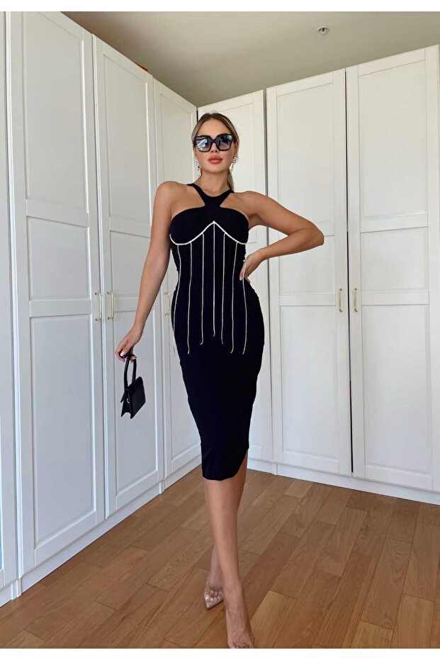 Women's Black Crepe Fabric Chain Detailed Midi Design Dress