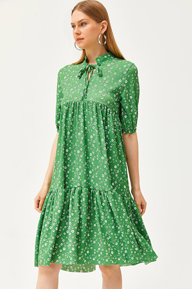 Women's Green Collar Lace-up Piece Dress ELB-19002134